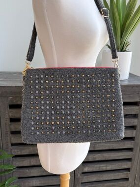 Diavel Wool Studded Crossbody Bag Gray Gold Tone Hardware Textured Statement